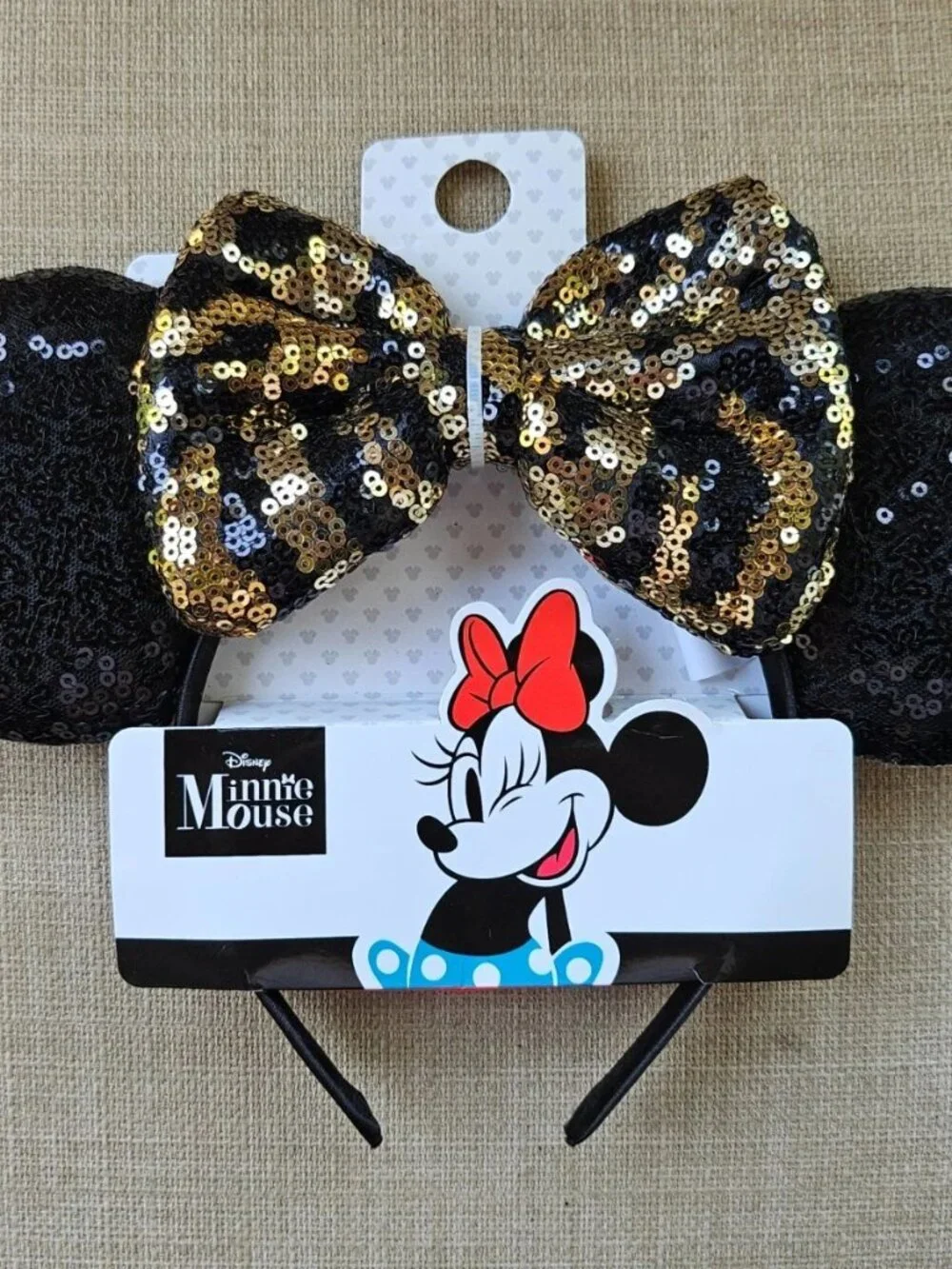 Disney Minnie Mouse Ear Headband Black/Gold Sequins BOW Hair Clip NWT